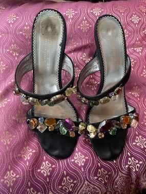 Vintage Ferretti jeweled black slides with heels, size 7.5